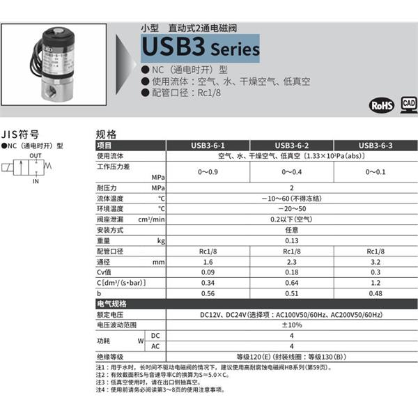 CKD喜開理多種流體小型直動式2通電磁閥USB3-6-2-D-DC24V