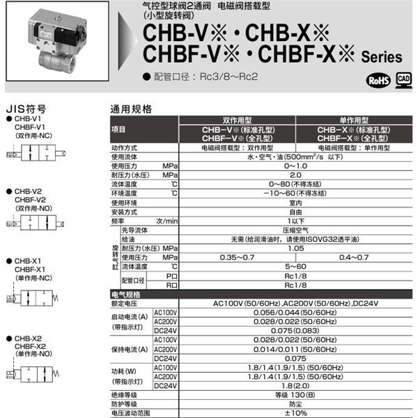 CKD喜開理氣控式球閥2?3通 CHB-V2-10-OB-AC100V