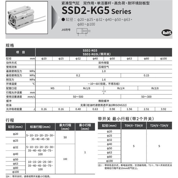 CKD喜開理緊湊型氣缸SSD2-KG5L-40-5-T0H-R-N-LB-I
