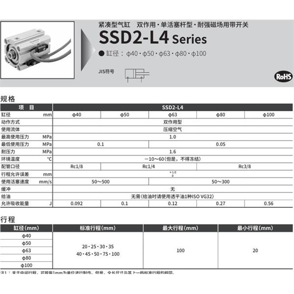 CKD喜開理緊湊型氣缸SSD2-L4-100-40-V0-D-N-LB-I