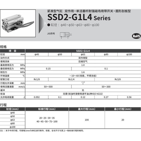 CKD喜開理緊湊型氣缸SSD2-G1L4-100-40-V0-D-N-LB-I