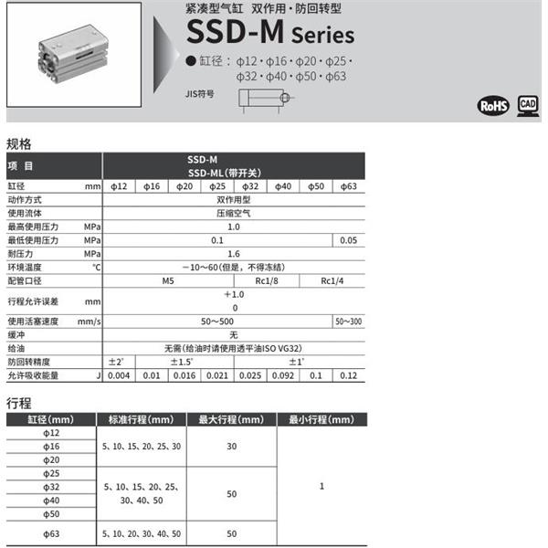 CKD喜開理超級緊湊型氣缸SSD-ML-25-5-T0H-R-N-LB-I