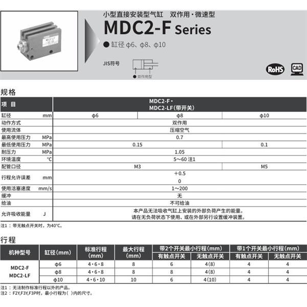 CKD喜開理小型直接安裝型氣缸MDC2-LF-6-8-F2V-R